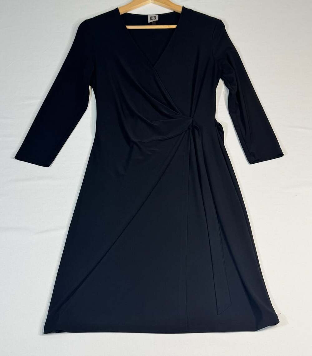 Anne Klein Black Faux Wrap Midi Dress with Side Knot Detail Size M